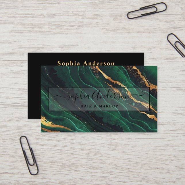Signature Script & Gold Glitter Navy Green Agate Business Card (Front/Back In Situ)