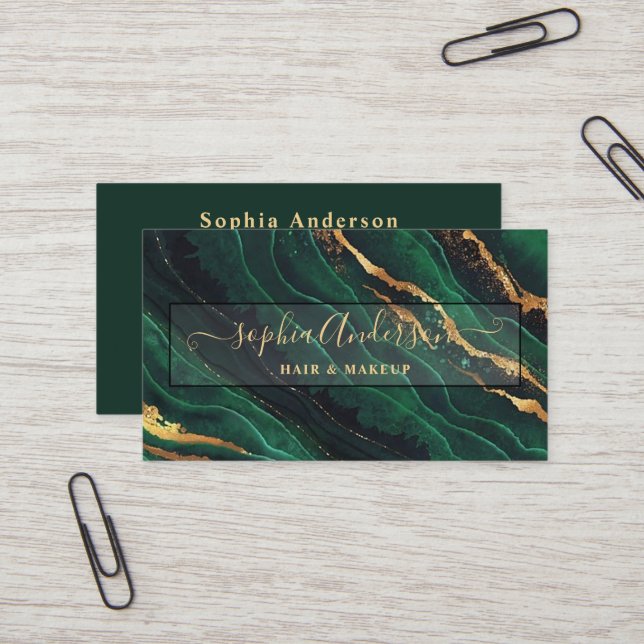 Signature Script & Gold Glitter Navy Green Agate  Business Card (Front/Back In Situ)