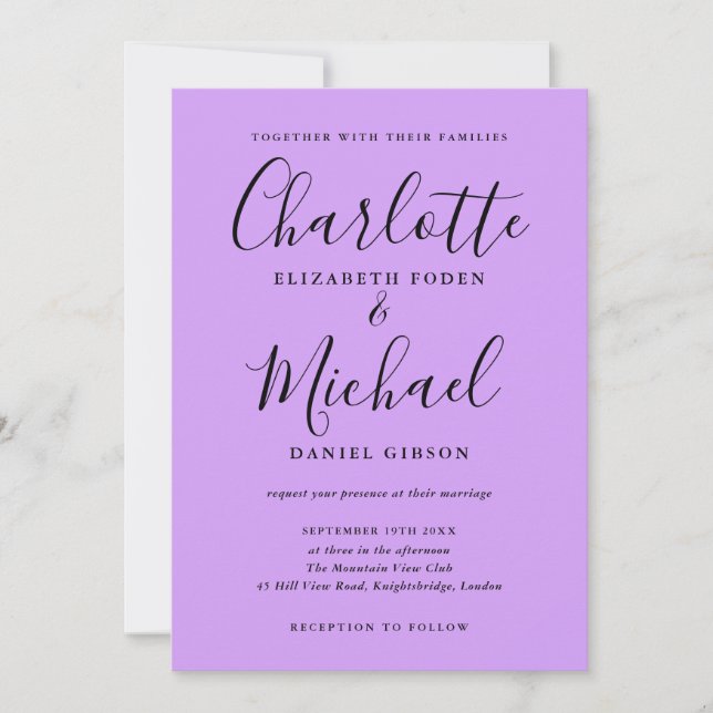 Signature Script Lavender Lilac Orchid Wedding Invitation (Front)