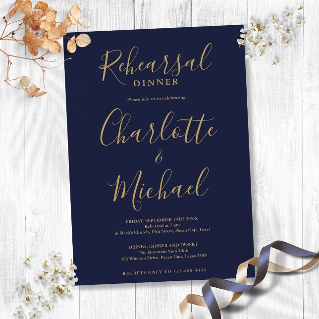 Signature Script Navy Blue Gold Rehearsal Dinner Invitation (Signature Script Navy Blue Gold Rehearsal Dinner Invitation)