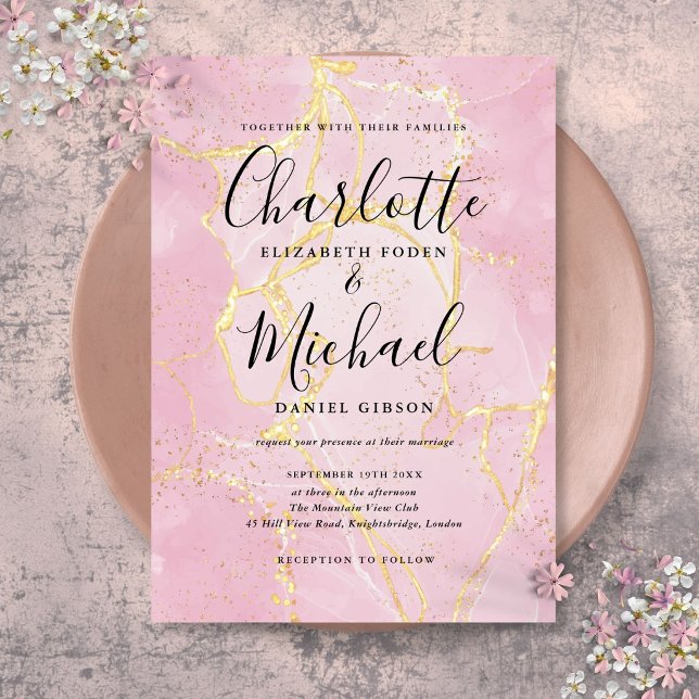 Signature Script Pink Gold Agate Marble Wedding Invitation (Signature Script Pink Gold Agate Marble Wedding Invitation)
