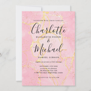 Signature Script Pink Gold Agate Marble Wedding Invitation