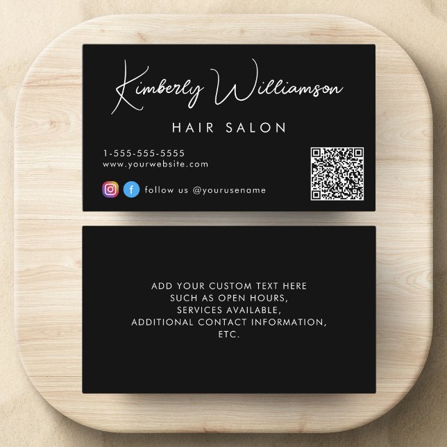 Signature Script QR Code Black Business Card (Empower your name in our signature script as your logo and brand identity)