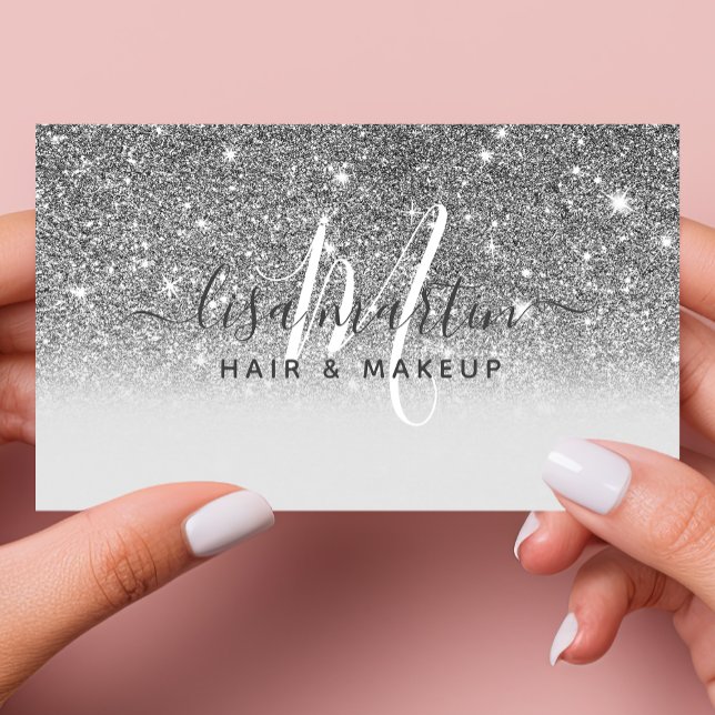 Signature Script Silver Glitter Modern Girly Business Card (Creator Uploaded)