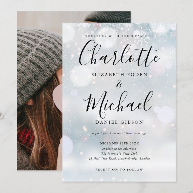 Signature Script Snowflakes Winter Wedding Photo Invitation (Front/Back)