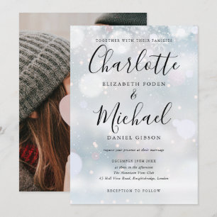Signature Script Snowflakes Winter Wedding Photo Invitation