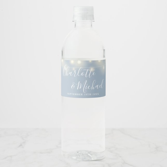 Signature Script String Lights Dusty Blue Wedding Water Bottle Label (Front)