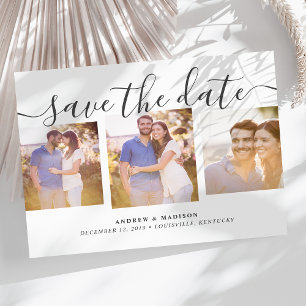 Signature Script Three Photos Grey Save The Date Announcement Postcard