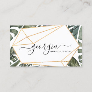 Signature Script Watercolor Tropical Greenery Gold Business Card