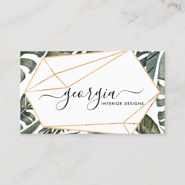 Signature Script Watercolor Tropical Greenery Gold Business Card (Front)