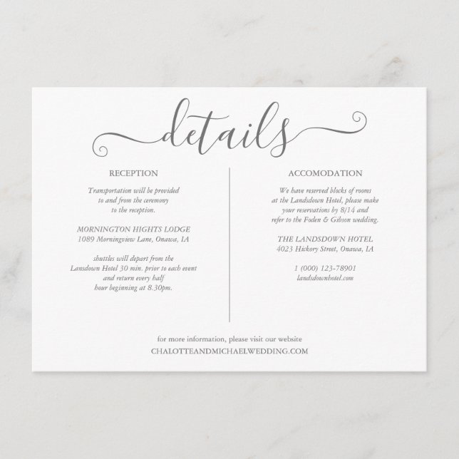 Signature Script Wedding Details Information Enclosure Card (Front)