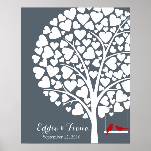signature wedding guest book tree bird red (Front)