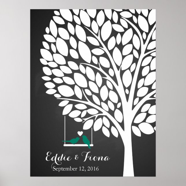 signature wedding guest book tree bird teal (Front)