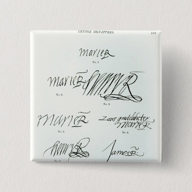 Signatures of Mary Queen of Scots 2 Inch Square Button (Front)