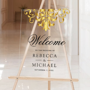Signe de bienvenue de mariage en damas d'or blanc