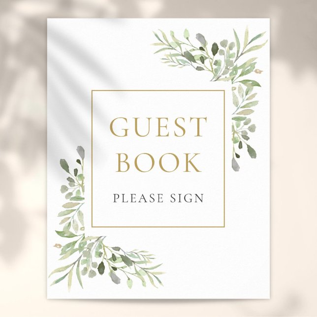 Signe de livre d'or à la gouache de verdure (Watercolor Greenery Guest Book Sign)