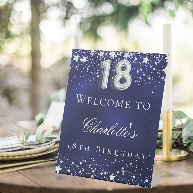Signe De Table 18e anniversaire bleu argent étoiles bienvenue (Créateur téléchargé)