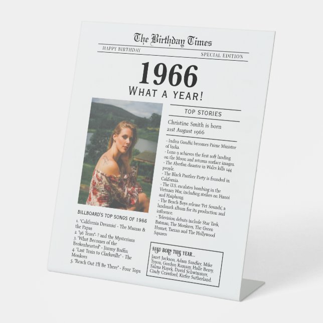 Signe De Table 1966 Birthday Newspaper Tabletop Pedestal Sign (Recto)
