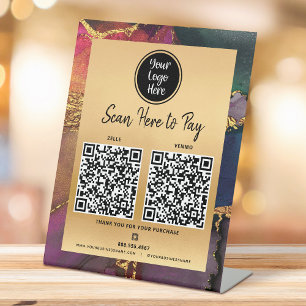 Signe De Table 2 Code QR Paiement ici Logo Or Pourpre Bleu Agate