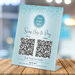 Signe De Table 2 Code QR Turquoise Paillettes Logo Personnalisé P