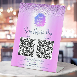 Signe De Table 2 Code QR Violet Pailleté Logo Personnalisé Scan P