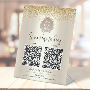 Signe De Table 2 Codes QR Logo Personnalisé Paillettes Dorées Sca