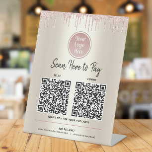 Signe De Table 2 Codes QR Paiement Ici Paillettes Roses Or Logo P