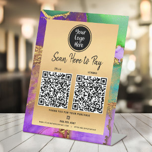 Signe De Table 2 QR Code Payer ici Logo Gold Purple Marbre Vert