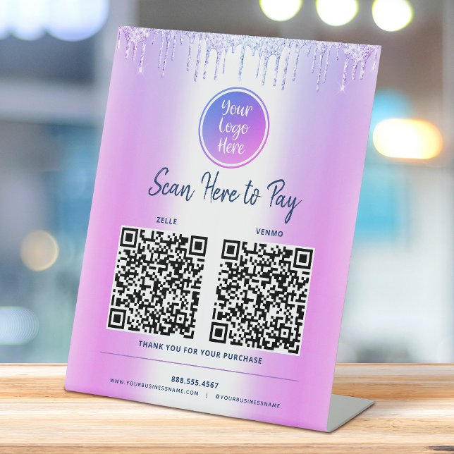 Signe De Table 2 QR Codes Payer ici Parties scintillant violet Lo (Créateur téléchargé)