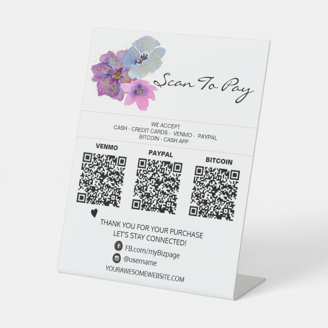 Signe De Table *~* 3 PAIEMENTS Table Tente QR Tabletop Blue Flora (Recto)