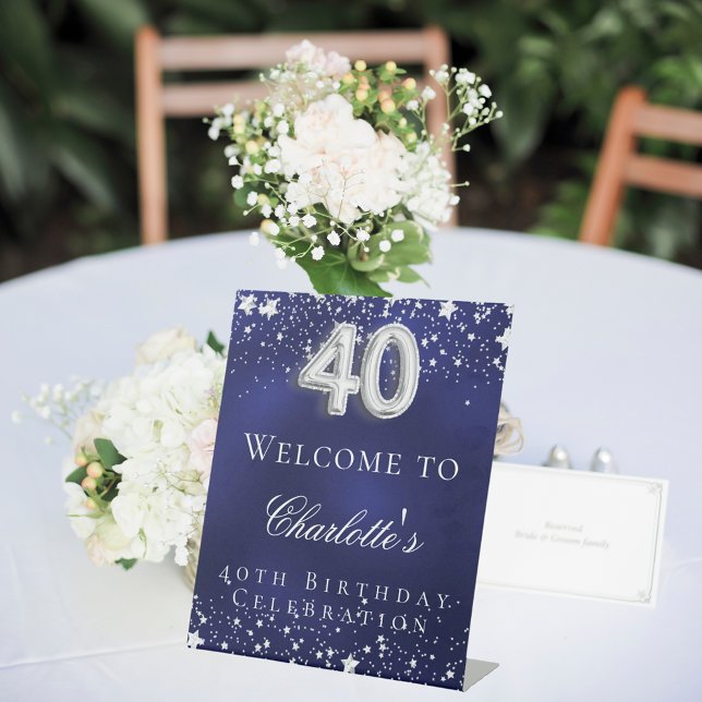 Signe De Table 40e anniversaire bleu argent stars bienvenue (Créateur téléchargé)