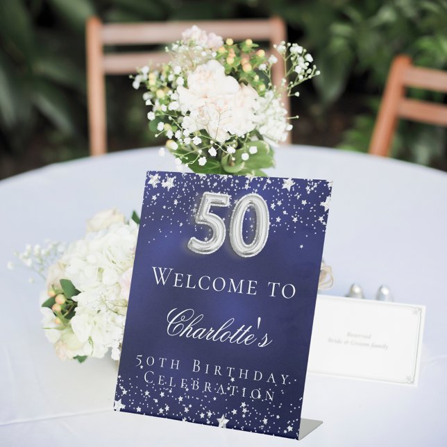 Signe De Table 50e anniversaire bleu argent stars bienvenue (Créateur téléchargé)