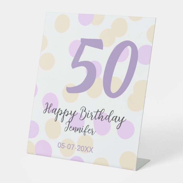 Signe De Table 50th birthday add name date purple orange polkadot (Recto)