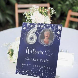 Signe De Table 60e anniversaire bleu argent étoiles photo bienven