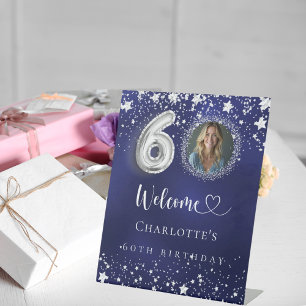 Signe De Table 60e anniversaire bleu argent étoiles photo bienven