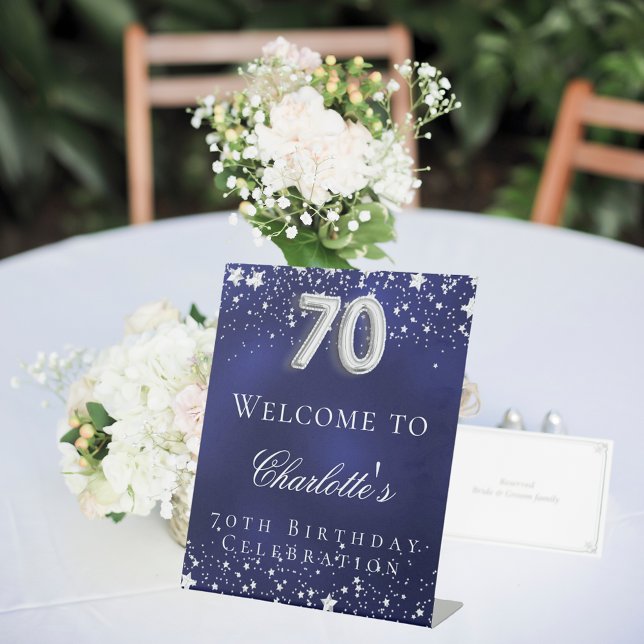 Signe De Table 70e anniversaire bleu argent stars bienvenue (Créateur téléchargé)