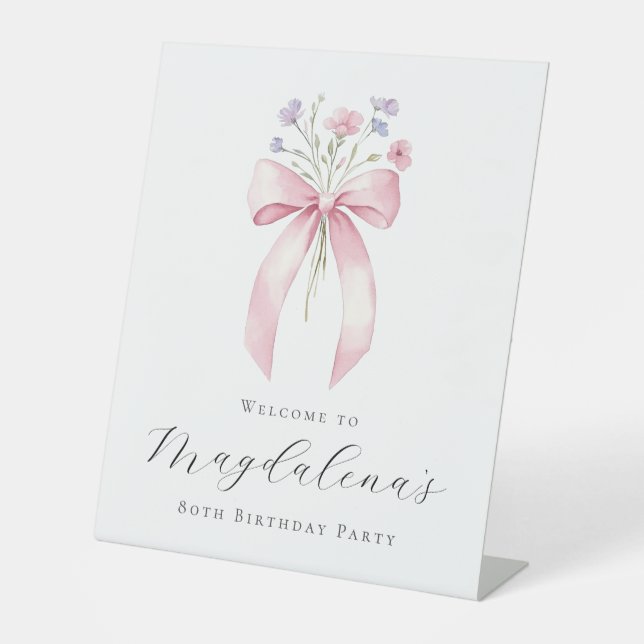 Signe De Table 80e anniversaire fête Pink Bow Fleur sauvage Bienv (Recto)