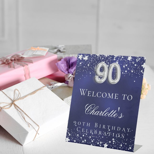 Signe De Table 90e anniversaire bleu argent stars bienvenue (Créateur téléchargé)