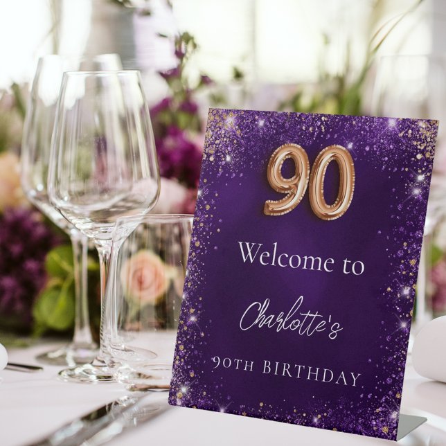 Signe De Table 90e anniversaire violet mousseux bienvenue (Créateur téléchargé)