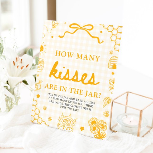 Signe De Table Abeille en Vichy Jaune Devinez Combien de Bisous (Yellow Gingham Honey Bee Guess How Many Kisses Game Sign)