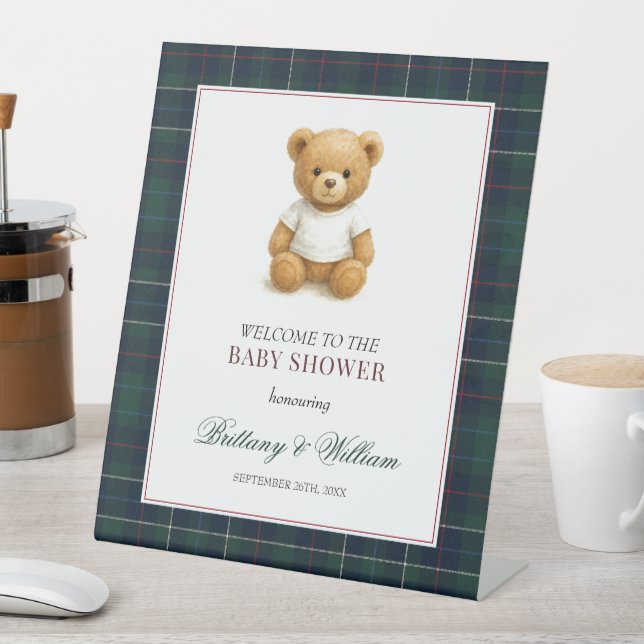 Signe De Table Accueil du Baby shower préppy Teddy Bear Plaid (In SItu)