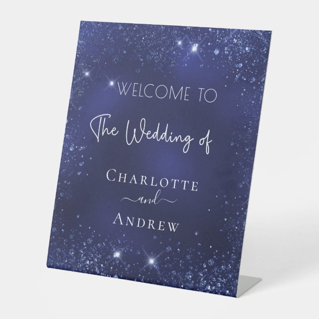 Signe De Table Accueil mariage bleu marine scintillants (Recto)