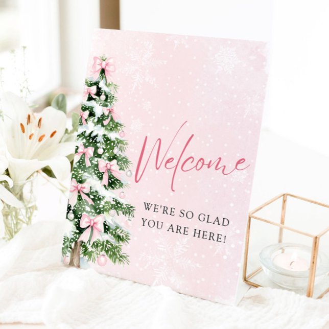 Signe De Table Affiche de bienvenue Baby shower d'arbre de Noël P (Pink Bows Christmas Tree Baby Shower Welcome Sign)