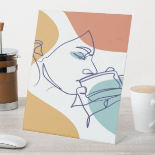 Signe De Table affiche de dessin au trait d'une femme buvant du c