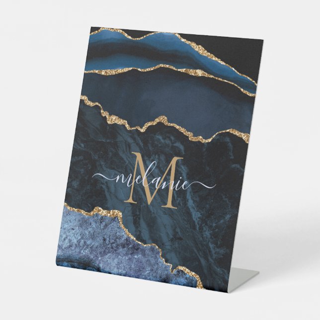 Signe De Table Agate Marine Blue Gold Gemstone Marble Nom du mono (Recto)