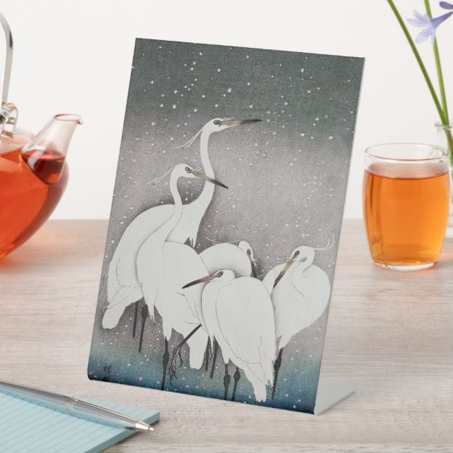 Signe De Table Aigrettes japonaises Grues Koson Neige d'hiver (In SItu)