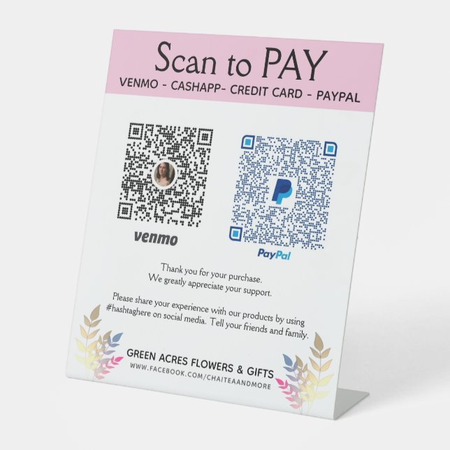 Signe De Table Ajouter deux codes QR Venmo Payez ici Signal Pedes (Recto)