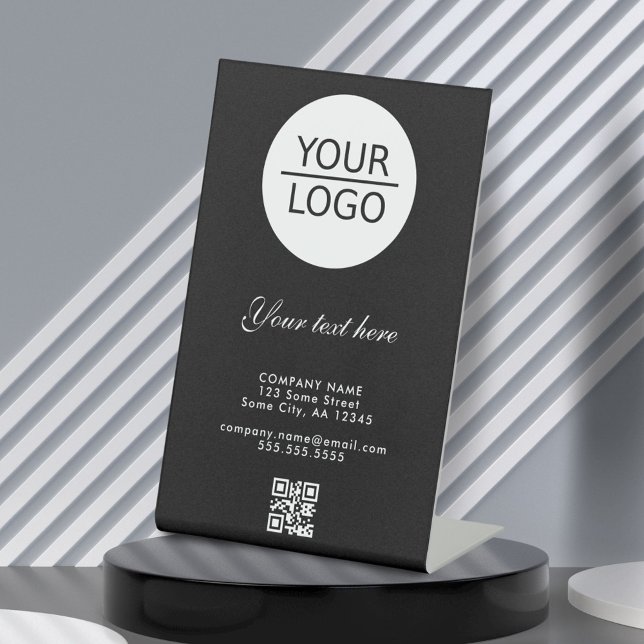 Signe De Table Ajouter Logo QR Code Custom Text Company Black (Créateur téléchargé)