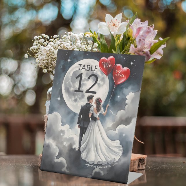 Signe De Table Amour romantique sur un nuage Mariage de conte de  (Angled view bride groom sweethearts watercolor starry night sky On Cloud Nine Wedding Table number)