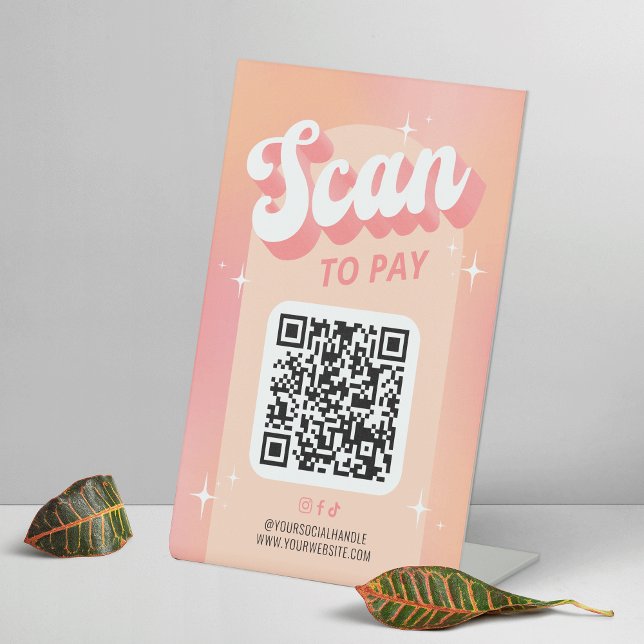 Signe De Table Analyse d'entreprise pour payer le code QR Retro P (Business scan to pay QR code sign in feminine peach and pink groovy design)